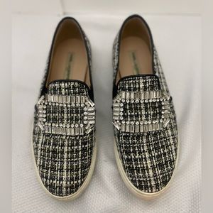 Karl Lagerfeld white and black with gold lace slip on shoes. Womens size 9